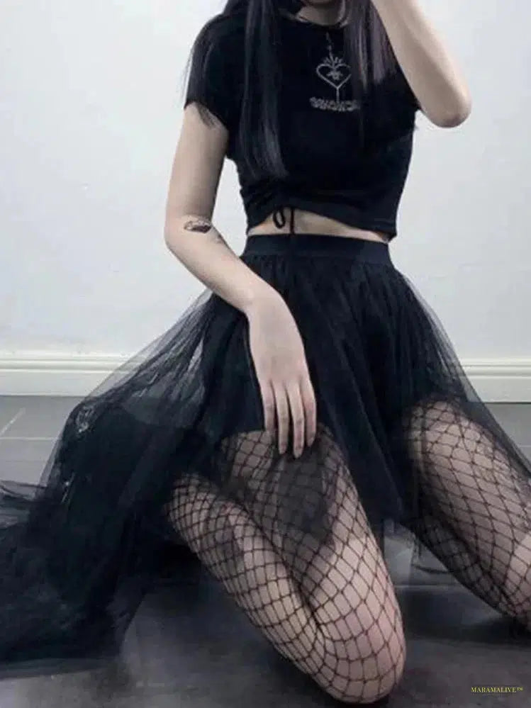 Goth Mall Gothic Mesh Skirt Women Fairy Grunge Harajuku Punk High Waist Irregular Skirt Emo Alternative Fairycore Skirt Femme