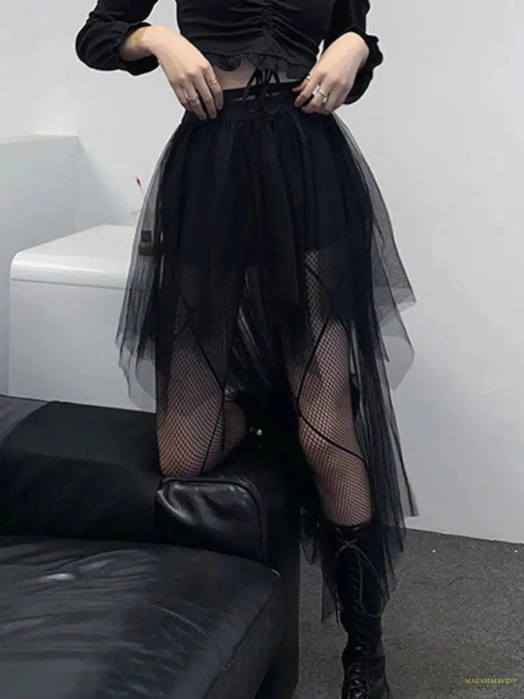 Goth Mall Gothic Mesh Skirt Women Fairy Grunge Harajuku Punk High Waist Irregular Skirt Emo Alternative Fairycore Skirt Femme