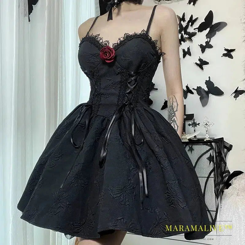 Goth Print Rose Dresses Lace Up A Line Y2K Fairy Grunge Sexy Backless Fashion V Neck Dark Academy Emo Summer Partywear