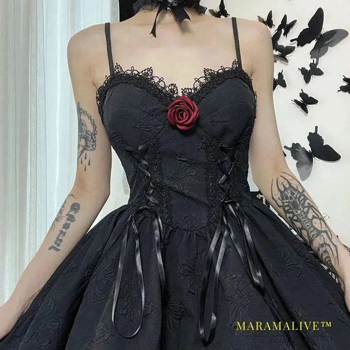 Goth Print Rose Dresses Lace Up A Line Y2K Fairy Grunge Sexy Backless Fashion V Neck Dark Academy Emo Summer Partywear