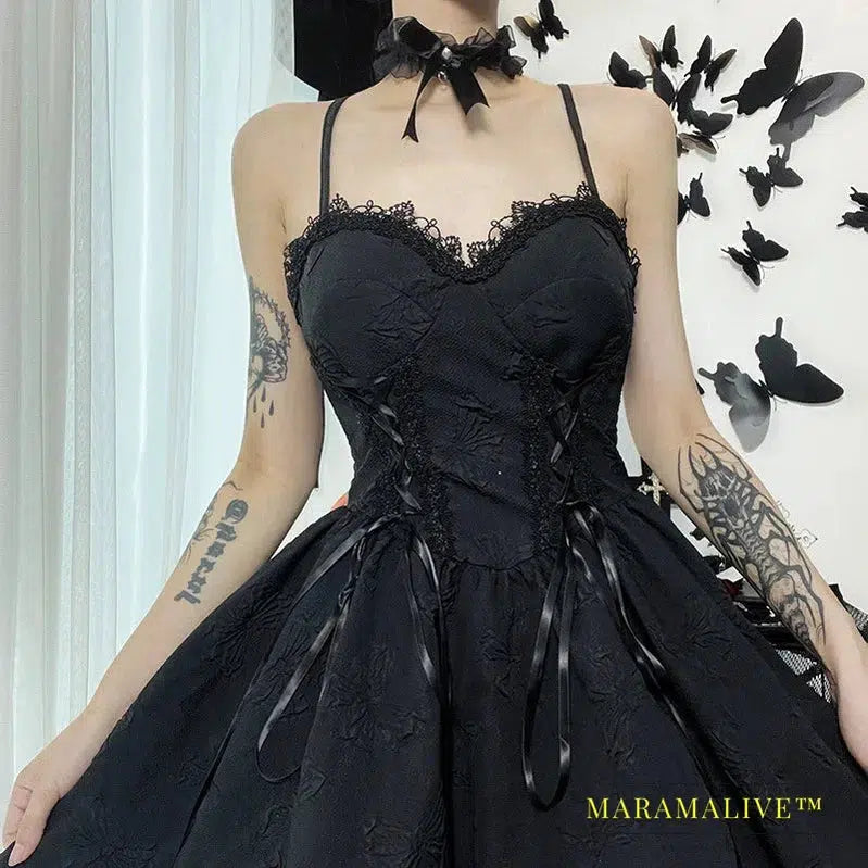 Goth Print Rose Dresses Lace Up A Line Y2K Fairy Grunge Sexy Backless Fashion V Neck Dark Academy Emo Summer Partywear