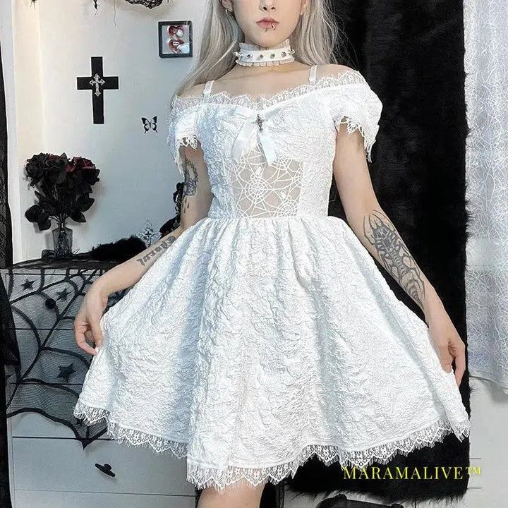 Goth Print Rose Dresses Lace Up A Line Y2K Fairy Grunge Sexy Backless Fashion V Neck Dark Academy Emo Summer Partywear