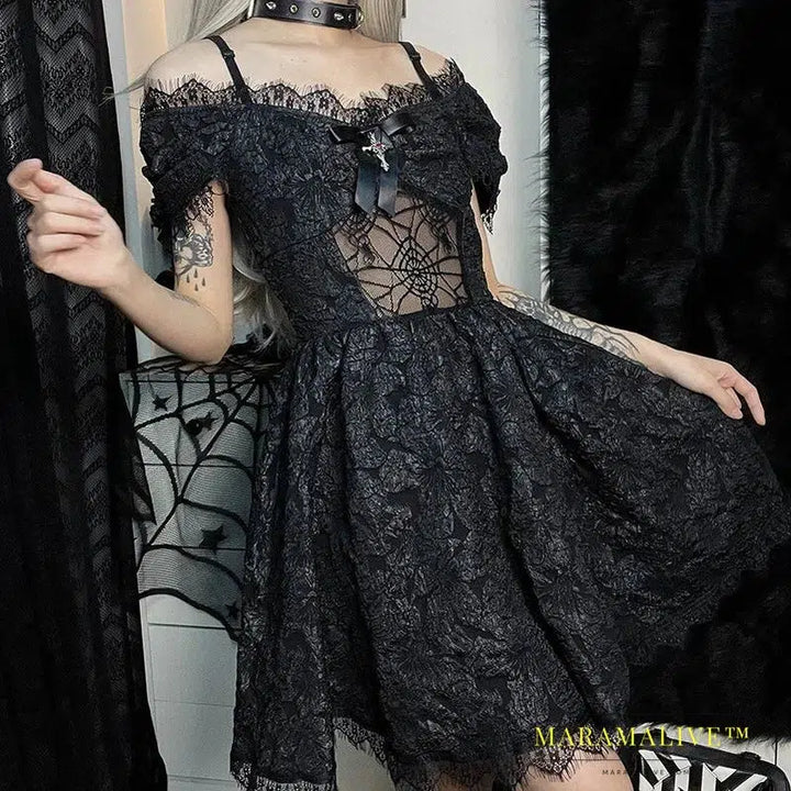 Goth Print Rose Dresses Lace Up A Line Y2K Fairy Grunge Sexy Backless Fashion V Neck Dark Academy Emo Summer Partywear