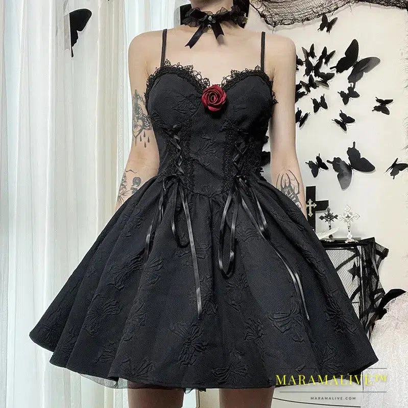 Goth Print Rose Dresses Lace Up A Line Y2K Fairy Grunge Sexy Backless Fashion V Neck Dark Academy Emo Summer Partywear