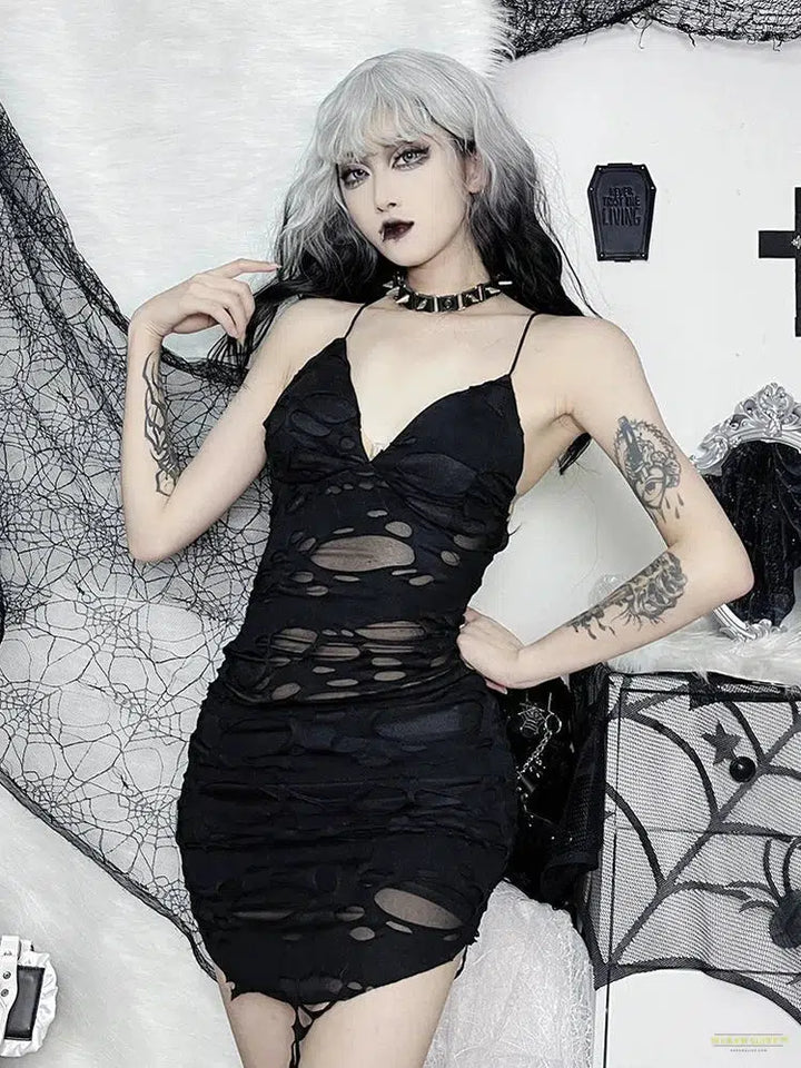 Goth Punk Sexy Bodycon Dress Women Mall Gothic Streetwear Tattered Strapless Mini Dress Harajuku Y2k Emo Alt Clubwear Female