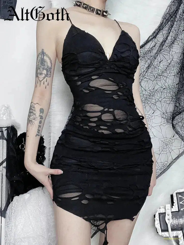 Goth Punk Sexy Bodycon Dress Women Mall Gothic Streetwear Tattered Strapless Mini Dress Harajuku Y2k Emo Alt Clubwear Female