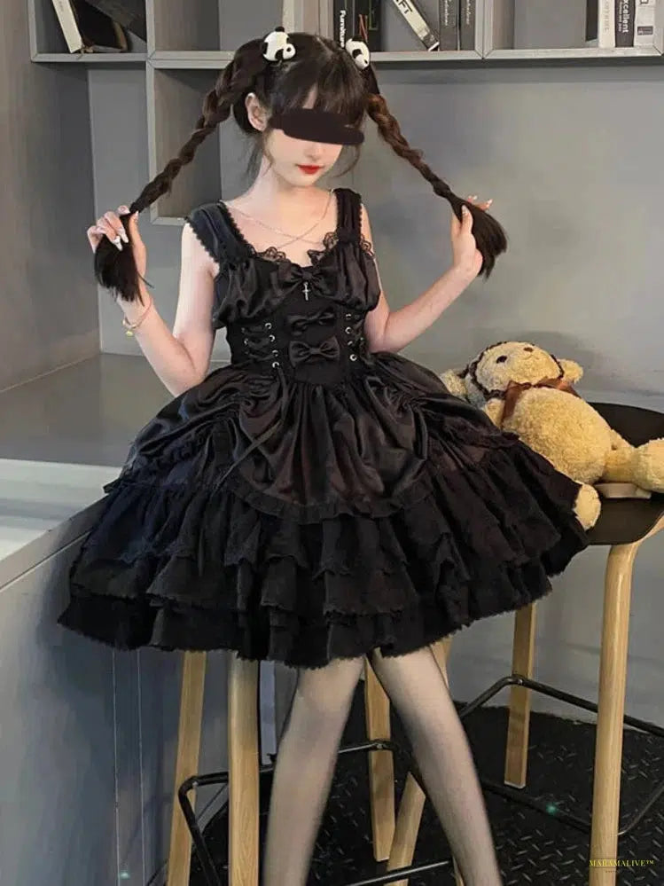 Goth Vintage Gothic Lolita Dress Women Punk Slim Bandage Princess Party Dresses Girls Cute Metal Cross Bow Evening Dress