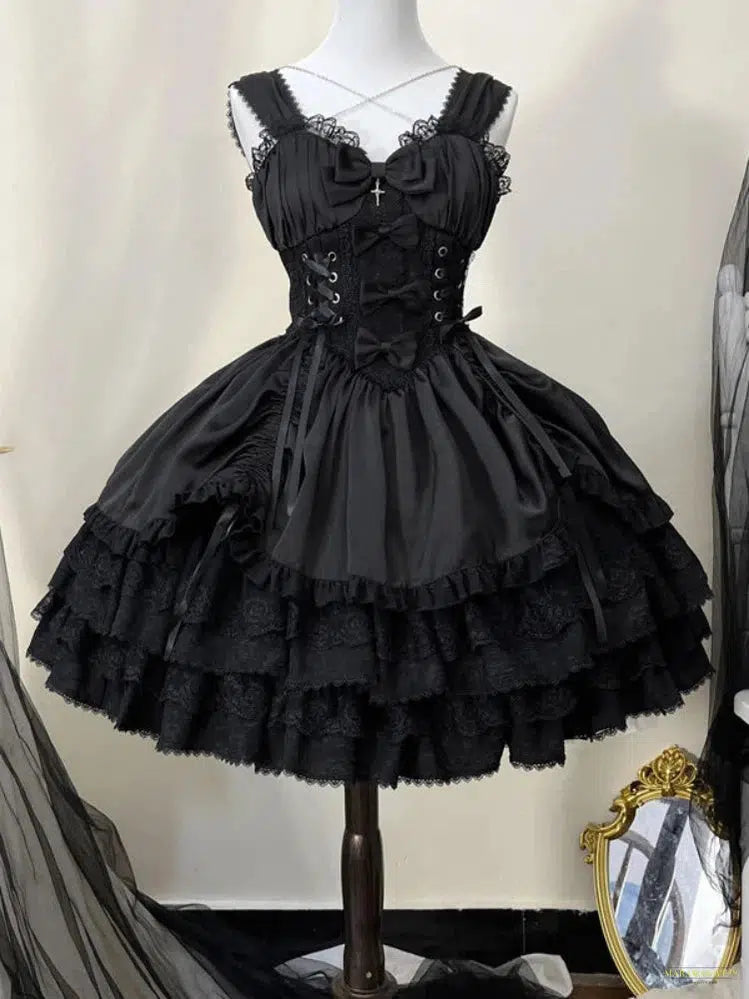 Goth Vintage Gothic Lolita Dress Women Punk Slim Bandage Princess Party Dresses Girls Cute Metal Cross Bow Evening Dress