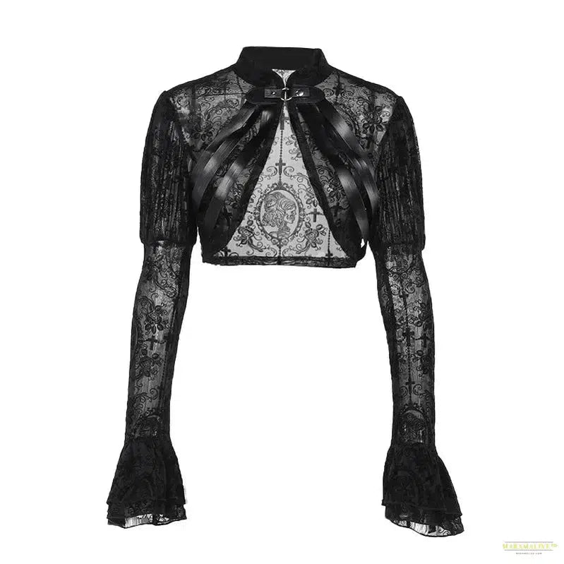 Goth Women Elegant Flocking Crop Cardigan Coats Y2K Grunge Techwear Mall Gothic Lace See Through Shrug Tops Alt Partywear