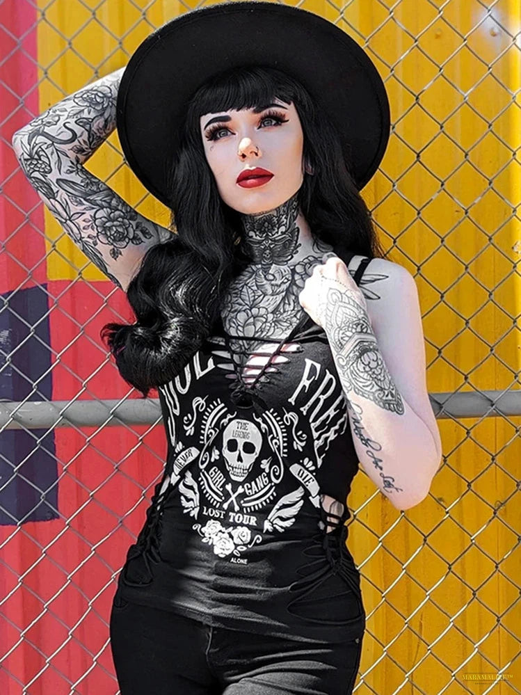 Goth Y2k 2000s Gothic Vest Women Streetwear Cyber Punk Skull Print Hole Hollow Out Crop Tank Tops Emo Alt Indie Clothes Femme