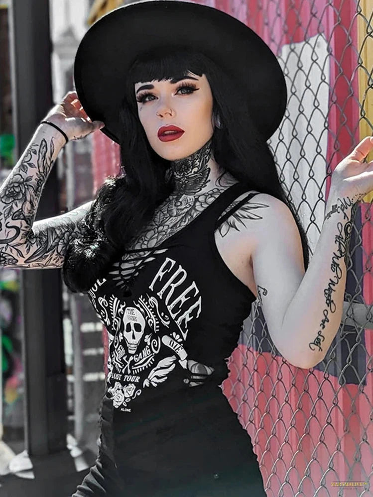 Goth Y2k 2000s Gothic Vest Women Streetwear Cyber Punk Skull Print Hole Hollow Out Crop Tank Tops Emo Alt Indie Clothes Femme