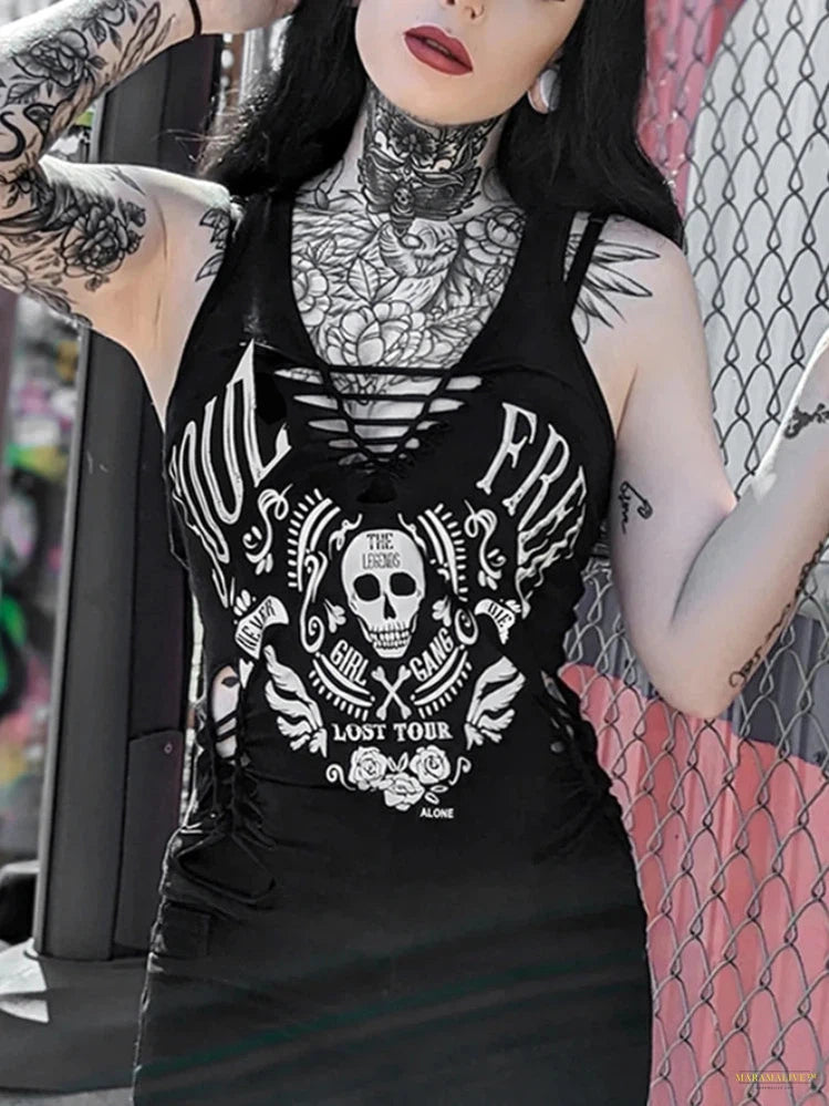 Goth Y2k 2000s Gothic Vest Women Streetwear Cyber Punk Skull Print Hole Hollow Out Crop Tank Tops Emo Alt Indie Clothes Femme