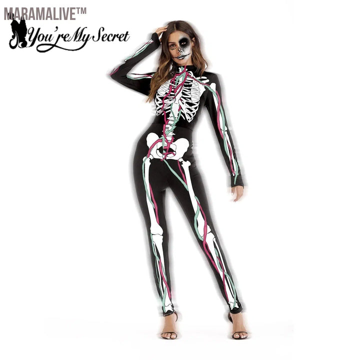 Gothic 3D Devil Ghost Skull Skeleton Rose Print Bodysuits Partywear Halloween Cosplay Customs For Women