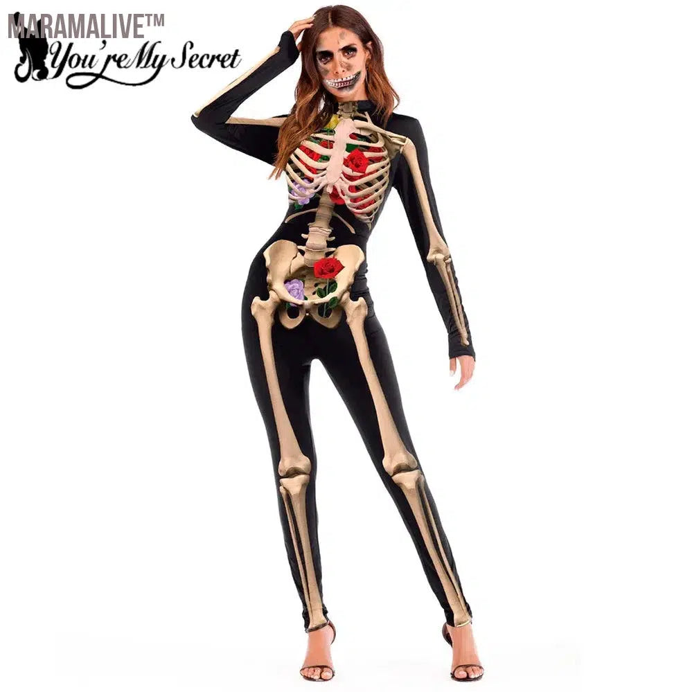 Gothic 3D Devil Ghost Skull Skeleton Rose Print Bodysuits Partywear Halloween Cosplay Customs For Women