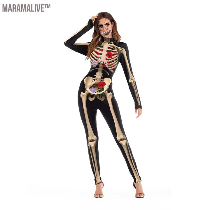 Gothic 3D Devil Ghost Skull Skeleton Rose Print Bodysuits Partywear Halloween Cosplay Customs For Women