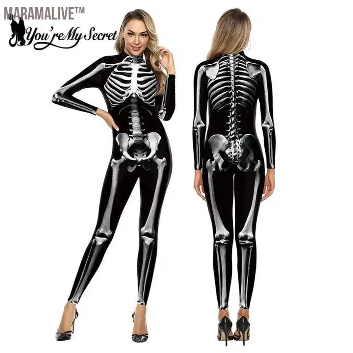 Gothic 3D Devil Ghost Skull Skeleton Rose Print Bodysuits Partywear Halloween Cosplay Customs For Women