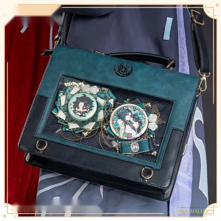 Gothic Anime-Inspired Genshin Impact Xiao Theme Cosplay Shoulder Bag | God's Eye PU Schoolbag - Unique Trendy Handbag