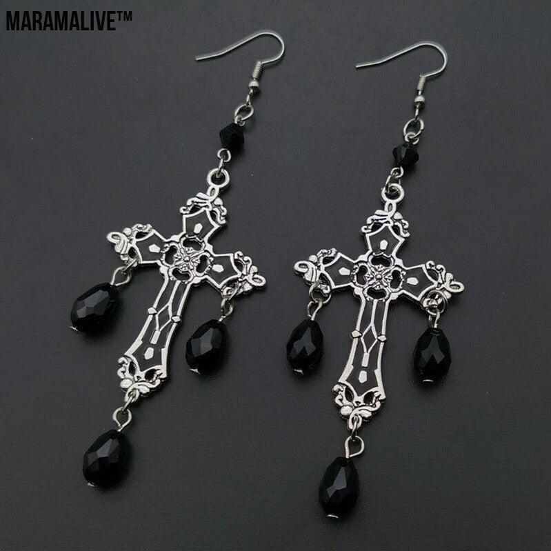 Gothic Black Cross Garnet And Crystal Chandelier Earrings La