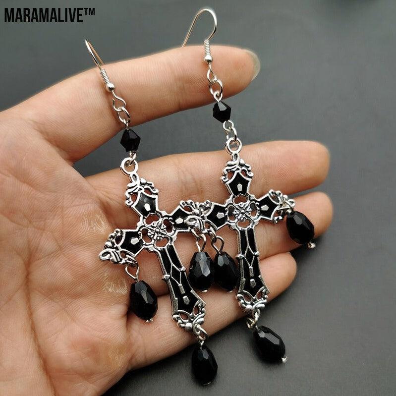 Gothic Black Cross Garnet And Crystal Chandelier Earrings La