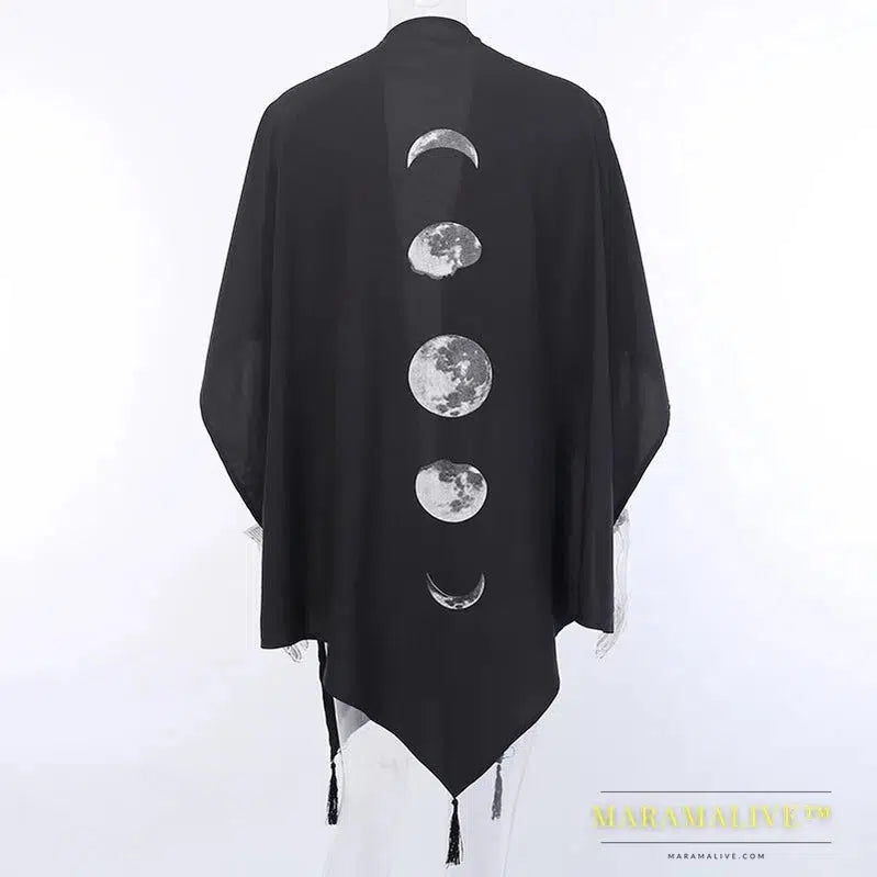 Gothic Black Retro Moon Print Tassel Cloak Female Autumn and Winter Dark V-neck Loose Top Bat Cloak Goth Jacket Women