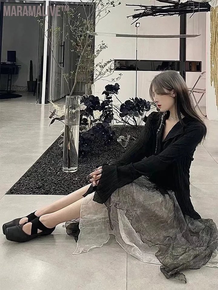 Gothic Black Shirt Yamamoto Style Dark Aesthetic Blouse Women Irregular Designer Clothes Emo Alt Clothes Grunge Tops Y2k