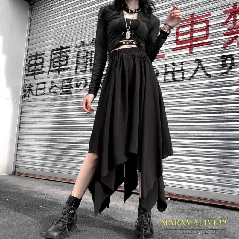 Gothic Black Skirt Dark Black Irregular High Waist Goth Punk Long Vintage Skirt Mid-Calf