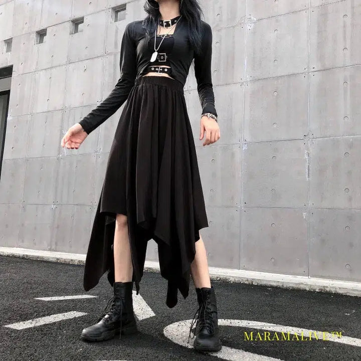 Gothic Black Skirt Dark Black Irregular High Waist Goth Punk Long Vintage Skirt Mid-Calf