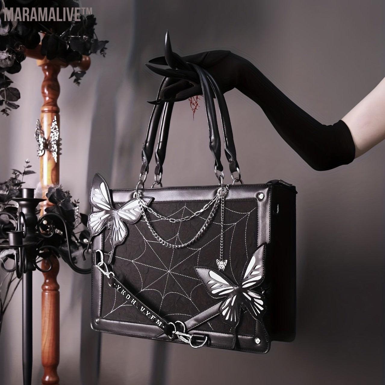 Gothic Butterfly Deco Tote Bag, Y2K Punk Crossbody Bag, Funky Shoulder Purse & Handbag For Girls