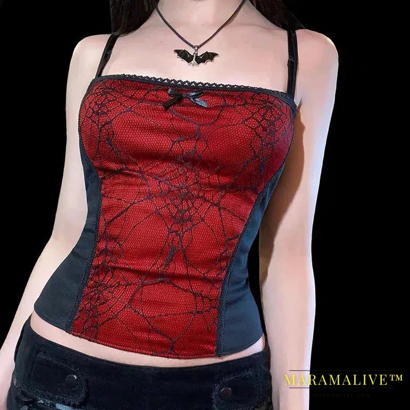 Gothic Cami Tops Y2K Aesthetic Grunge Mall Goth Crop Top Mesh Spider Net Lace Tank Lace Top E-girl Harajuku Slim Tees