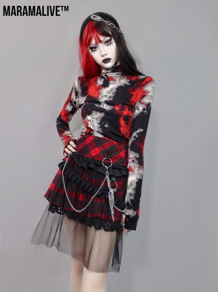 Gothic Cobweb Long Sleeved Shirt - Punk Spider pattern Top