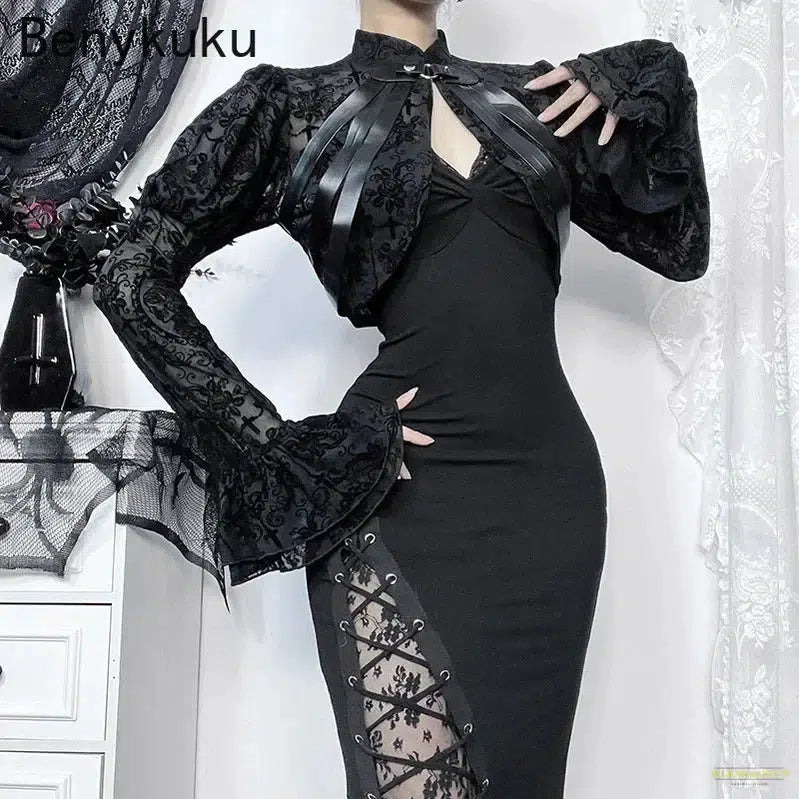 Gothic Crop Top Sexy Lace Mesh Flared Long Sleeve Smock Goth Y2K Clothes Vintage Black See Through Cover-ups Skeleton Frame Top