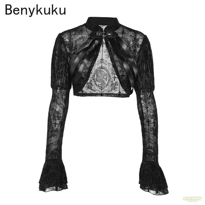 Gothic Crop Top Sexy Lace Mesh Flared Long Sleeve Smock Goth Y2K Clothes Vintage Black See Through Cover-ups Skeleton Frame Top