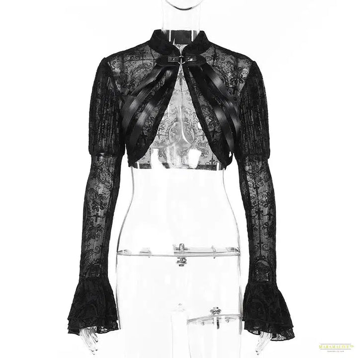 Gothic Crop Top Sexy Lace Mesh Flared Long Sleeve Smock Goth Y2K Clothes Vintage Black See Through Cover-ups Skeleton Frame Top