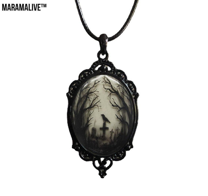 Gothic Crow Cross Glass Pendant Necklace