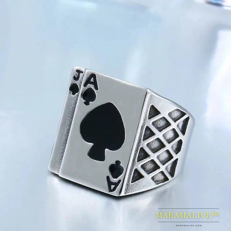 Gothic Design Spades Poker Card Ring Skull Bite Rose Couple Fashion Lovers Gift Men's Jewelry