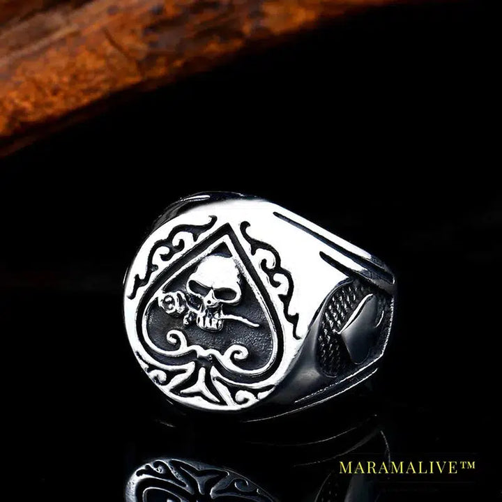 Gothic Design Spades Poker Card Ring Skull Bite Rose Couple Fashion Lovers Gift Men's Jewelry