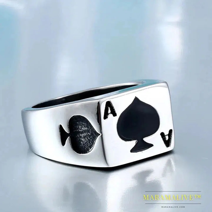 Gothic Design Spades Poker Card Ring Skull Bite Rose Couple Fashion Lovers Gift Men's Jewelry