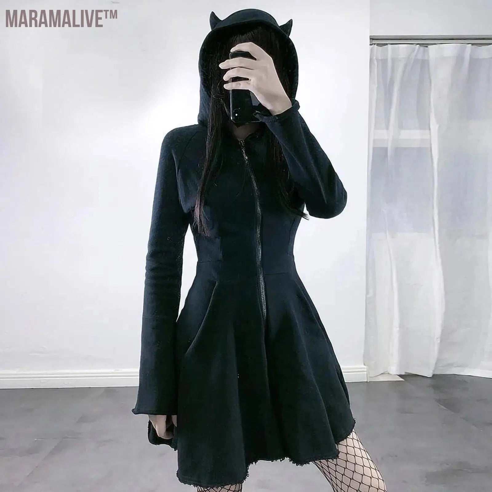 Gothic Devil Horns Hoodie Dress Women Solid Zip Up Hooded Sweatshirt Dresses Long Sleeve Short Streetwear Short Swing Dresses