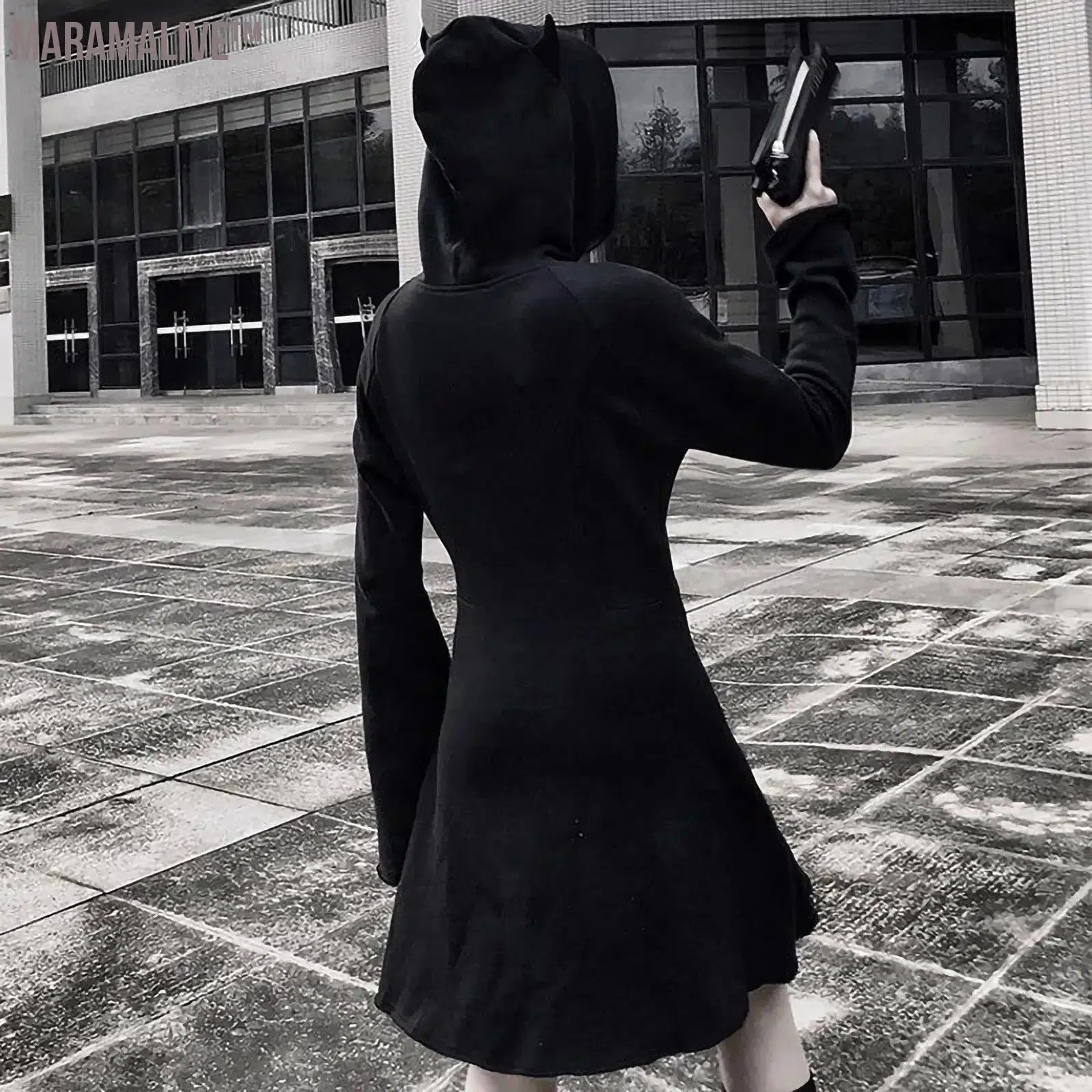 Gothic Devil Horns Hoodie Dress Women Solid Zip Up Hooded Sweatshirt Dresses Long Sleeve Short Streetwear Short Swing Dresses