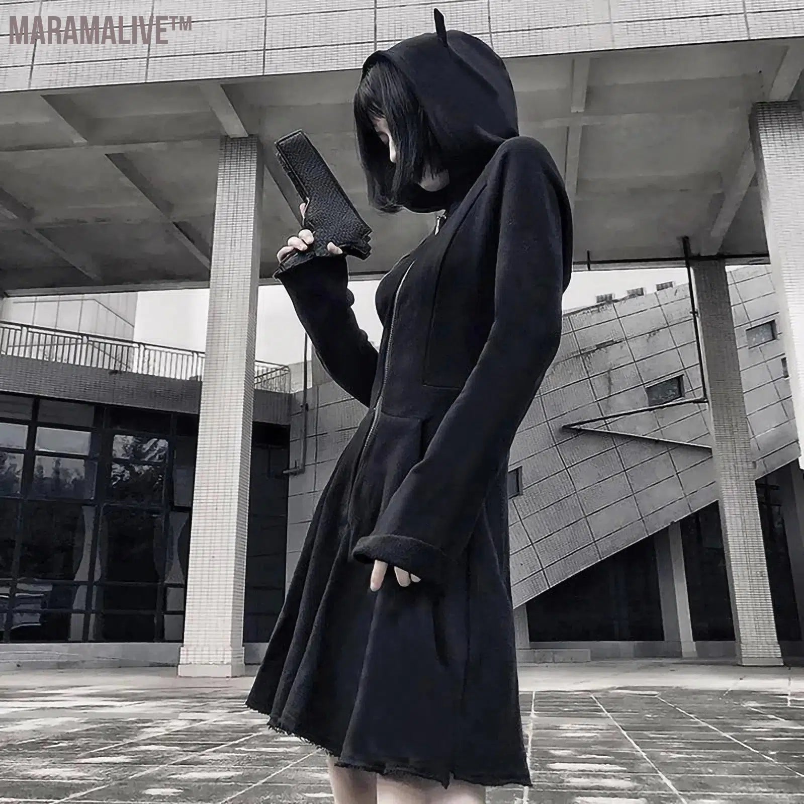 Gothic Devil Horns Hoodie Dress Women Solid Zip Up Hooded Sweatshirt Dresses Long Sleeve Short Streetwear Short Swing Dresses