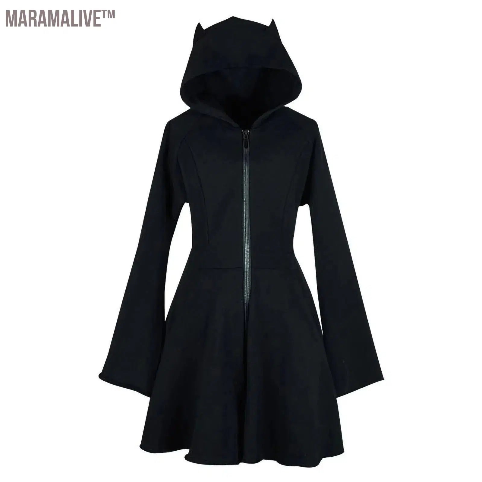 Gothic Devil Horns Hoodie Dress Women Solid Zip Up Hooded Sweatshirt Dresses Long Sleeve Short Streetwear Short Swing Dresses