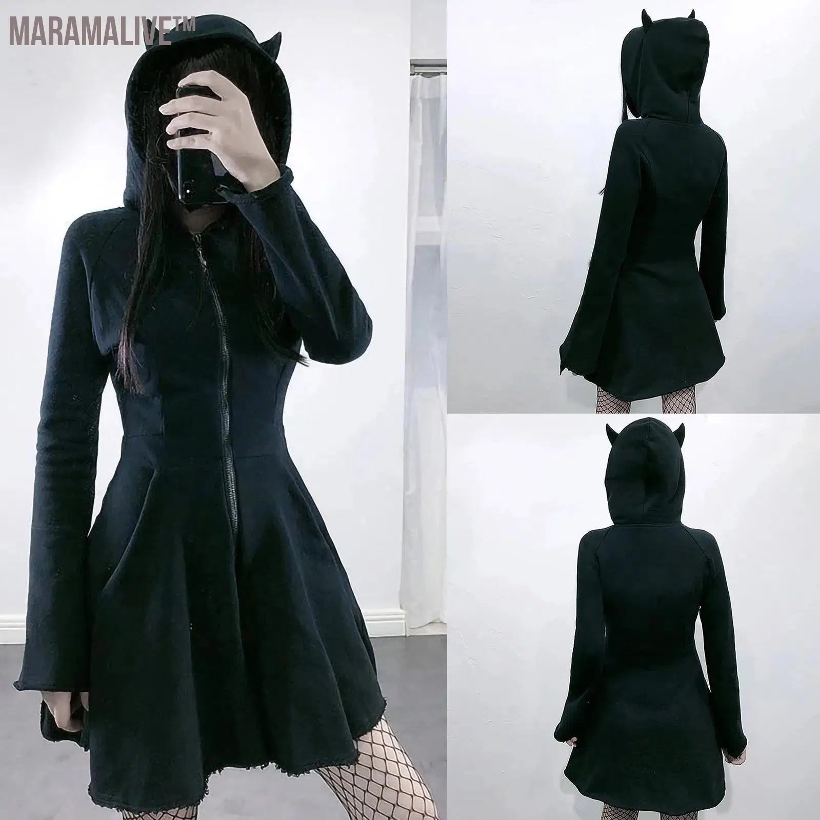 Gothic Devil Horns Hoodie Dress Women Solid Zip Up Hooded Sweatshirt Dresses Long Sleeve Short Streetwear Short Swing Dresses