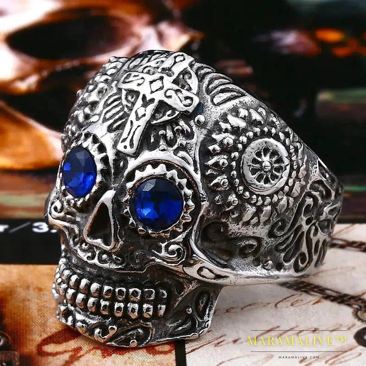 Gothic Gold Color Carving kapala skull Ring Biker Hiphop rock Jewelry Unique fashion Gift for men