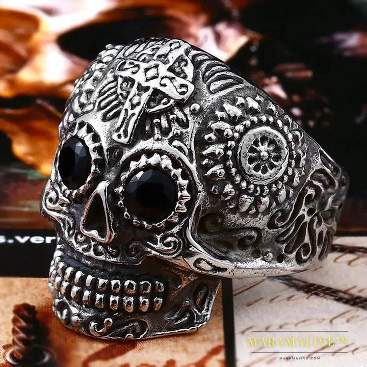 Gothic Gold Color Carving kapala skull Ring Biker Hiphop rock Jewelry Unique fashion Gift for men