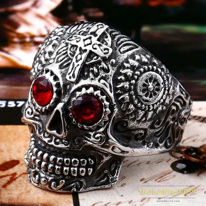 Gothic Gold Color Carving kapala skull Ring Biker Hiphop rock Jewelry Unique fashion Gift for men