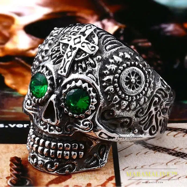 Gothic Gold Color Carving kapala skull Ring Biker Hiphop rock Jewelry Unique fashion Gift for men