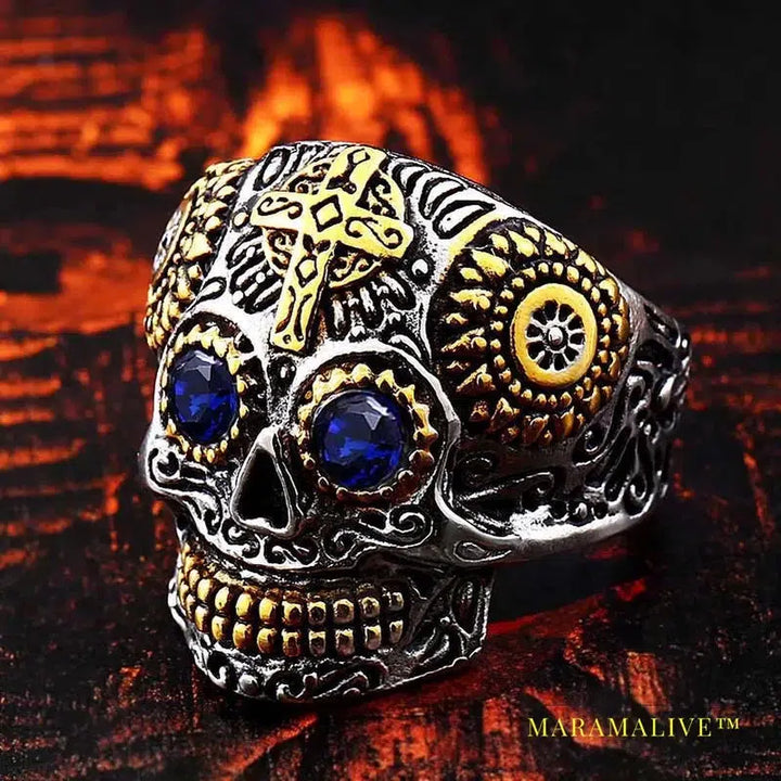 Gothic Gold Color Carving kapala skull Ring Biker Hiphop rock Jewelry Unique fashion Gift for men