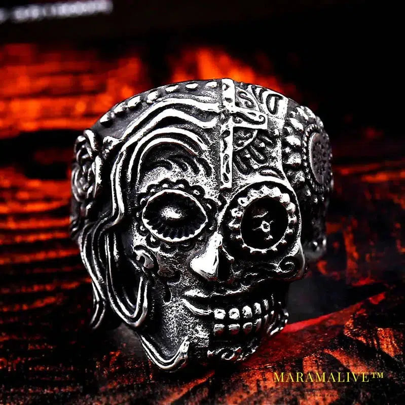 Gothic Gold Color Carving kapala skull Ring Biker Hiphop rock Jewelry Unique fashion Gift for men