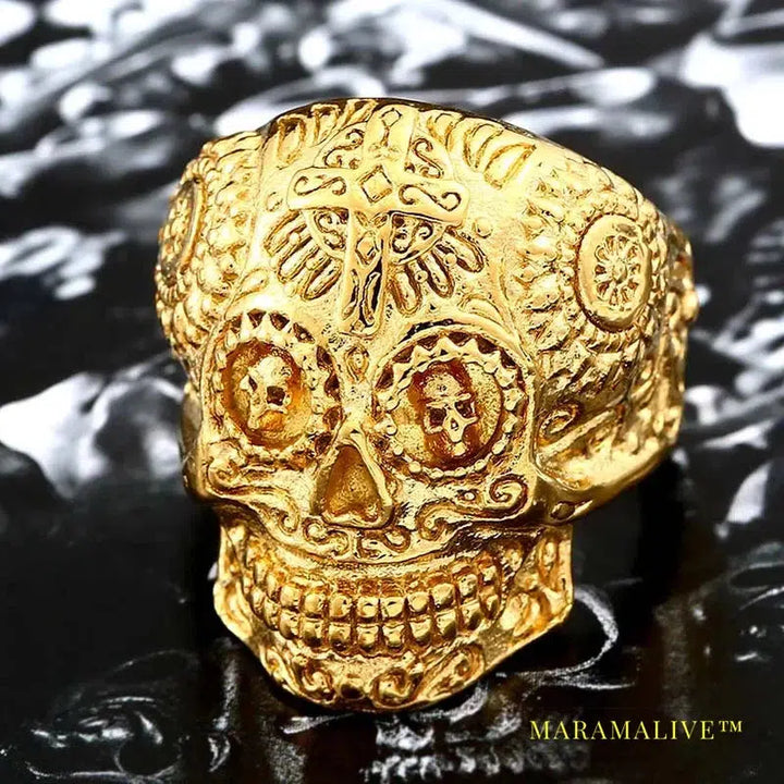 Gothic Gold Color Carving kapala skull Ring Biker Hiphop rock Jewelry Unique fashion Gift for men