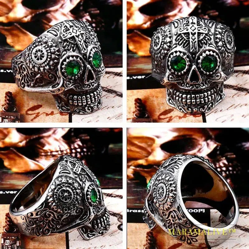 Gothic Gold Color Carving kapala skull Ring Biker Hiphop rock Jewelry Unique fashion Gift for men